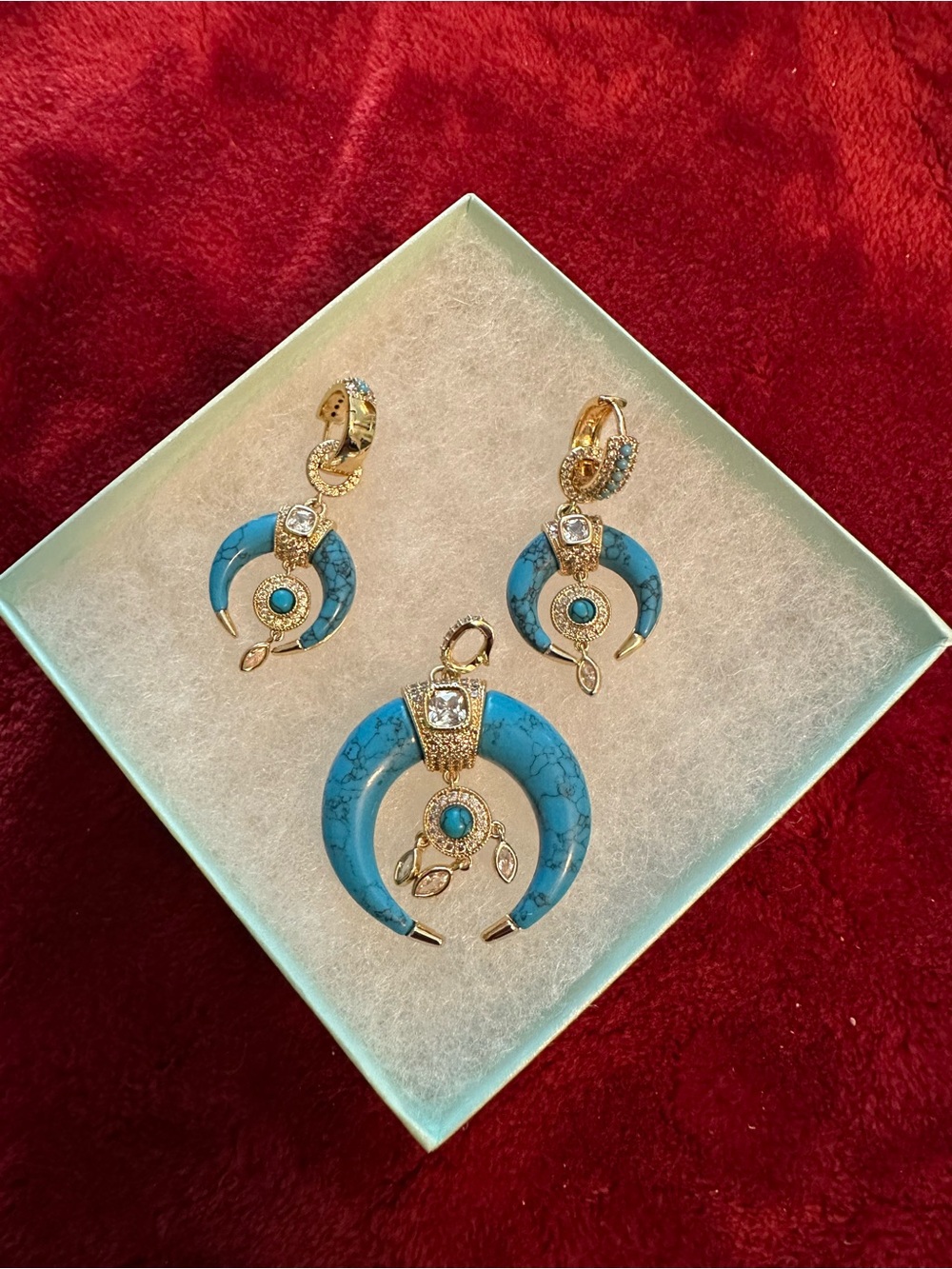 Gold-Tone Turquoise Crescent Pendant & Earrings Set